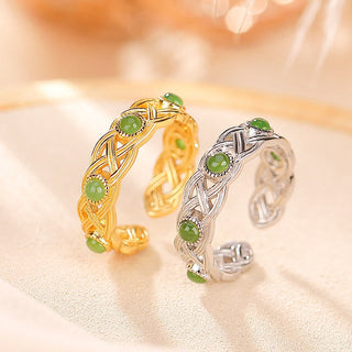 Buddha Gift 925 Sterling Silver Plated Gold Cyan Jade Braided Design Success Luck Adjustable Ring
