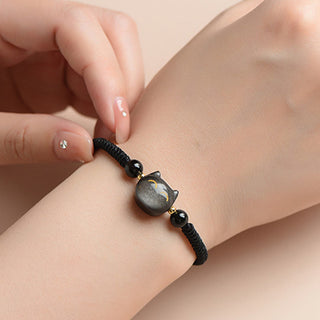 Buddha Gift Handmade Natural Silver Sheen Obsidian Strawberry Quartz Cute Cat Protection Braided Bracelet