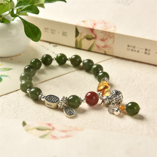 Buddha Gift 925 Sterling Silver Hetian Cyan Jade Gourd Amber Success Bracelet