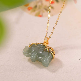 Buddha Gift 925 Sterling Silver Jade Elephant Blessing Fortune Necklace Chain Pendant