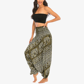 Buddha Gift Two Style Wear Elephant Pattern Loose Smocked Harem Trousers Jumpsuit Women's Yoga Pants
