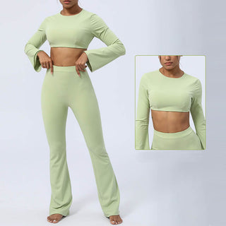 Buddha Gift Long Sleeve Backless Strap Top Bra Flare Pants Fitness Yoga Outfit