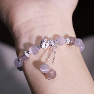 Buddha Gift Natural Cat's Eye Moonstone Strawberry Quartz PiXiu Support Bracelet