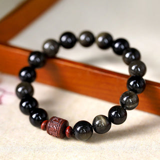 Buddha Gift Natural Gold Sheen Obsidian Rainbow Obsidian Om Mani Padme Hum Fu Character Healing Bracelet