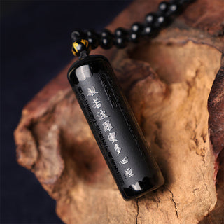 Buddha Gift Natural Black Obsidian Heart Sutra Purification Necklace Pendant