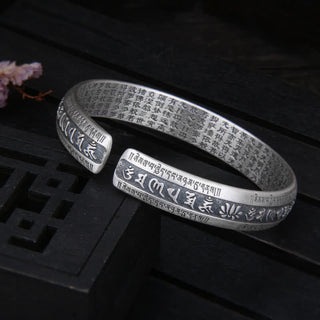 Buddha Gift 999 Sterling Silver Om Mani Padme Hum Heart Sutra Lotus Peace Bracelet Bangle