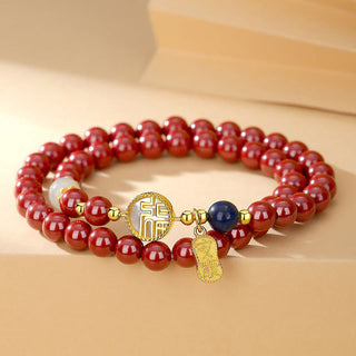 Buddha Gift 925 Sterling Silver Cinnabar Tridacna Stone Fu Character Double Wrap Blessing Bracelet