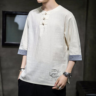 Buddha Gift Frog-Button Dragon Embroidery Chinese Tang Suit Three Quarter Sleeve Shirt Cotton Linen Men Clothing