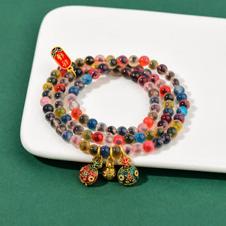 Buddha Gift Colorful Candy Agate Gold Swallowing Beast Family Strength Charm Triple Wrap Bracelet