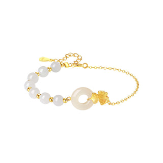 Buddha Gift 925 Sterling Silver Hetian White Jade Peace Buckle Ginkgo Leaf Luck Bracelet