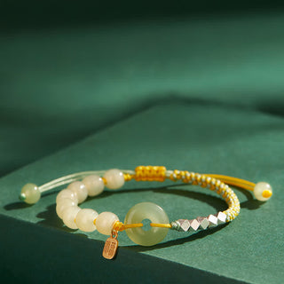 Buddha Gift 925 Sterling Silver Hetian Jade Peace Buckle Beaded Luck Happiness Charm Bracelet