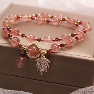 Buddha Gift Natural Strawberry Quartz Love Healing Maple Leaf Charm Double Wrap Bracelet