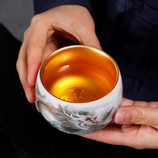 Buddha Gift Dragon Gilt Gourd Ceramic White Porcelain Teacup Kung Fu Tea Cup 160ml