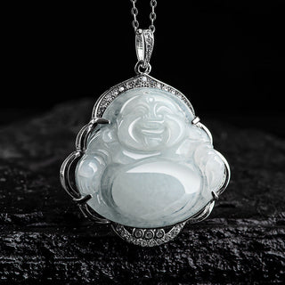 Buddha Gift 925 Sterling Silver Laughing Buddha Natural Jade Abundance Necklace Pendant