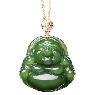 Buddha Gift 925 Sterling Silver Laughing Buddha Hetian Cyan Jade 18K Gold Success Necklace Chain Pendant