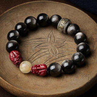 Buddha Gift Gold Sheen Obsidian PiXiu Cinnabar Om Mani Padme Hum Protection Bracelet