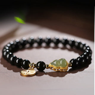 Buddha Gift Natural Black Obsidian Hetian Jade Gourd Double Happiness Strength Bracelet