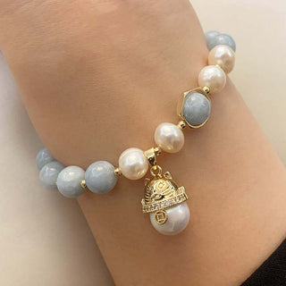 Buddha Gift Aquamarine Pearl Peace Healing Lucky Cat Charm Bracelet