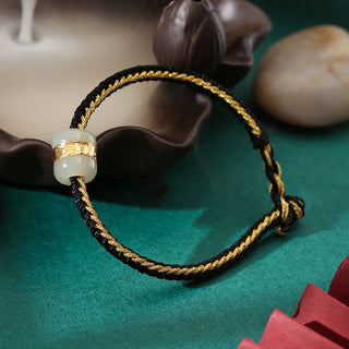 Buddha Gift 999 Gold Hetian White Jade Om Mani Padme Hum Fu Character Luck Braided Bracelet
