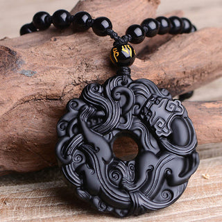 Buddha Gift Natural Black Obsidian Peace Buckle Pixiu Purification Necklace Pendant