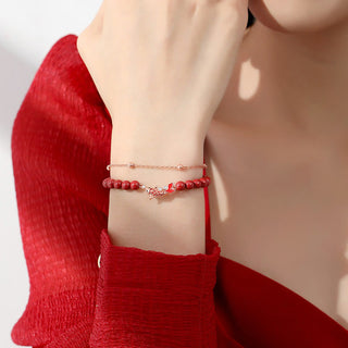 Buddha Gift 925 Sterling Silver Lucky Koi Fish Cinnabar Zircon Prosperity Double Layer Chain Bracelet