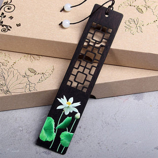 Buddha Gift Green Lotus Bamboo Oriole Ebony Wood Bookmarks With Gift Box