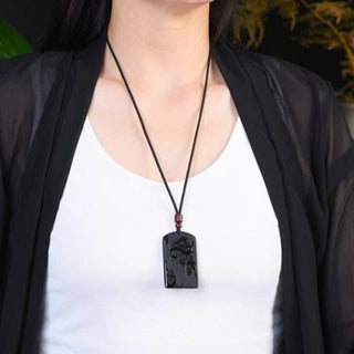 Buddha Gift Black Obsidian Dragon Phoenix Success Necklace Pendant
