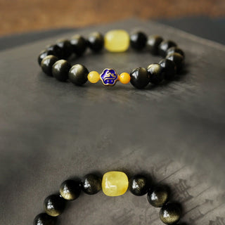 Buddha Gift 925 Sterling Silver Chinese Zodiac Natal Buddha Natural Gold Sheen Obsidian Amber Wealth Protection Bracelet