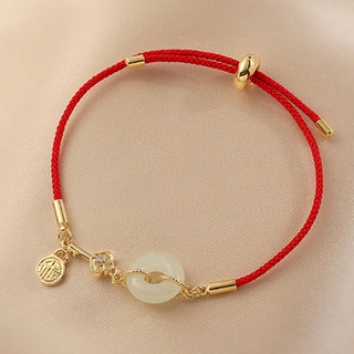 Buddha Gift 18K Gold Plated Hetian Jade Peace Buckle Fu Character Luck Red Rope Bracelet