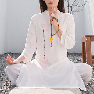 Buddha Gift 2Pcs Lotus Pattern Tai Chi Meditation Yoga Cotton Linen Clothing Top Pants Women's Set
