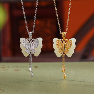 Buddha Gift 925 Sterling Silver Plated Gold Hetian White Jade Butterfly Blessing Necklace Pendant