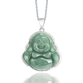 Buddha Gift 925 Sterling Silver Laughing Buddha Jade Abundance Necklace Chain Pendant