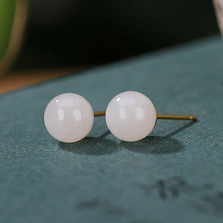 Buddha Gift 925 Sterling Silver Round White Jade Blessing Stud Earrings