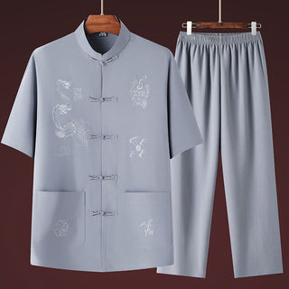 Buddha Gift Tang Suit Hanfu Chinese Dragon Traditional Kung Fu Uniform Short Sleeve Tops and Pants Clothing Men's Set