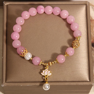 Buddha Gift Pink Jade Pearl Lotus Charm Harmony Bracelet