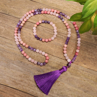 Buddha Gift 108 Mala Beads Amethyst Rose Quartz Spiritual Healing Tassel Bracelet