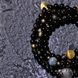 Buddha Gift 108 Mala Beads Gold Sheen Obsidian Tiger Eye Eagle's Eye Stone Wealth Bracelet