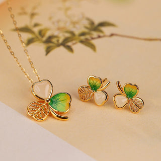 Buddha Gift 925 Sterling Silver Plated Gold Hetian Jade Luck Shamrock Clover Necklace Pendant Earrings