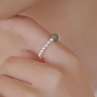 Buddha Gift Round Jade Pearl Beads Luck Ring