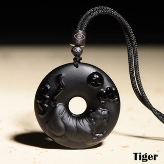 Buddha Gift Chinese Zodiac Natural Black Obsidian Peace Buckle Strength Necklace Pendant