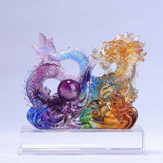 Buddha Gift Year of the Dragon Handmade Dragon Playing With Pearl Ingot Liuli Crystal Art Piece Protection Home Office Decoration