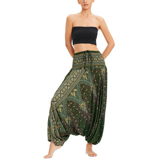 Buddha Gift Two Style Wear Peacock Feather Loose Smocked Harem Trousers Jumpsuit High Waist Pants