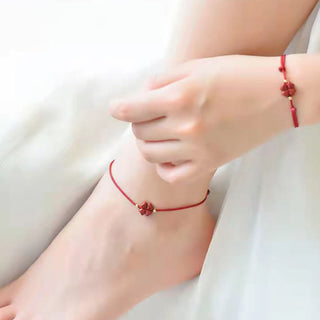 Buddha Gift Natural Cinnabar Four Leaf Clover Blessing Red String Bracelet Anklet