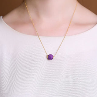 Buddha Gift 925 Sterling Silver Plated Gold Natural Purple Mica Stone Relief Bead Positive Necklace Pendant Bracelet Set