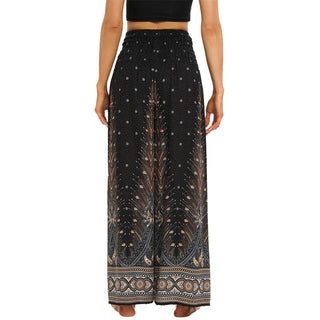 Buddha Gift Boho Peacock Feathers Lace-up Wide Leg Pants Women's Yoga Pants