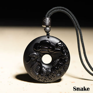 Buddha Gift Chinese Zodiac Natural Black Obsidian Peace Buckle Strength Necklace Pendant