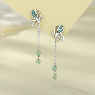 Buddha Gift 925 Sterling Silver Natural Green Aventurine Butterfly Luck Necklace Pendant Earrings Set