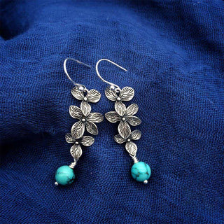 Buddha Gift 925 Sterling Silver Turquoise Lazurite Flower Leaf Serenity Protection Hook Drop Dangle Earrings