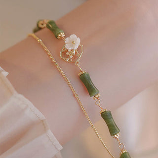 Buddha Gift 14k Gold Plated Copper Peridot Bamboo Flower Wealth Double Layer Bracelet