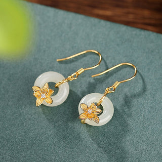 Buddha Gift 925 Sterling Silver Hetian Jade Peace Buckle Orchid Prosperity Earrings
